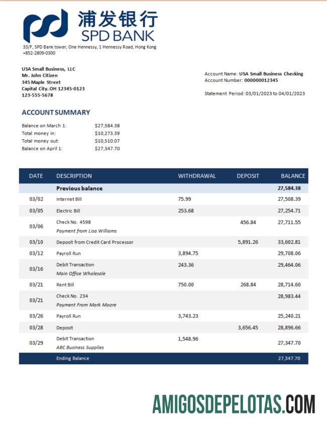 Realista Shanghai Pudong Development Business Bank Statement modelo Word e PDF